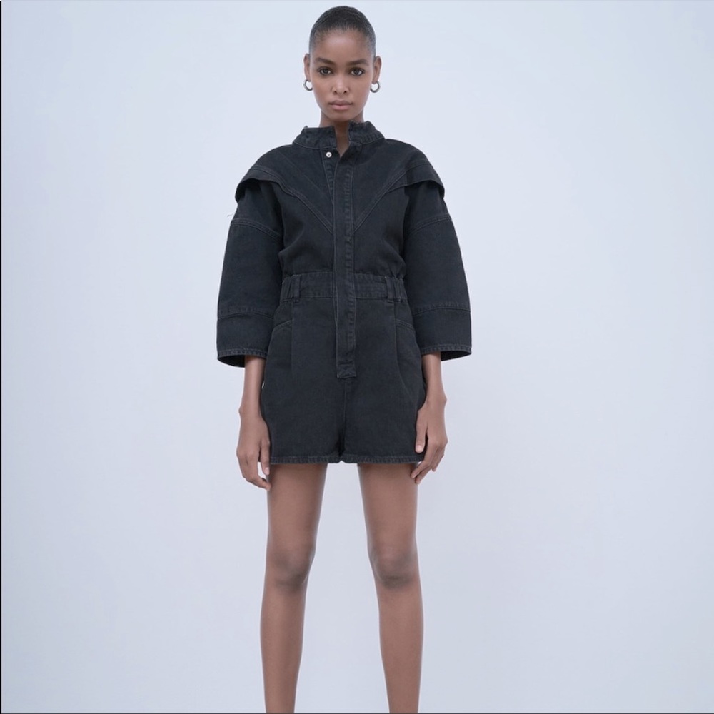 NWT  Zara Slovenia Black Denim Jean Snap Button Front Jumpsuit Romper